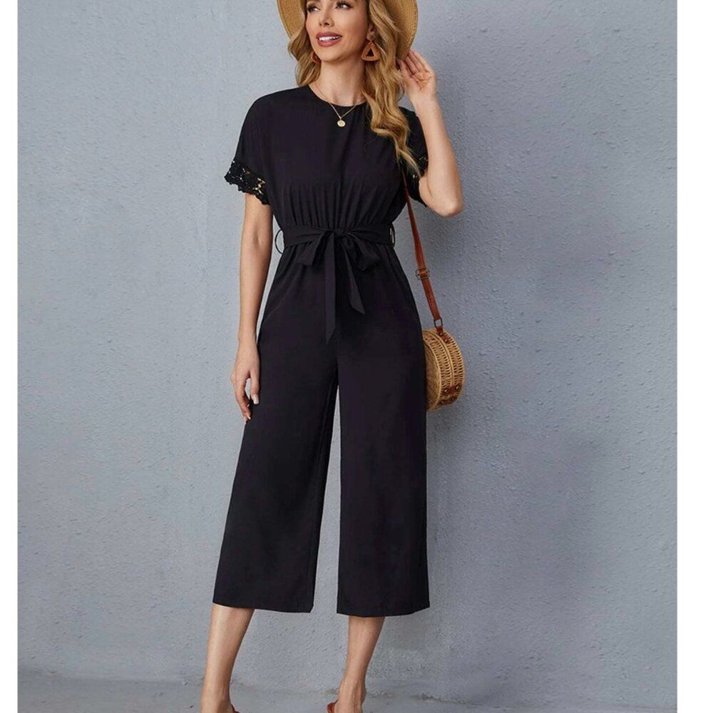 SHEIN Solid Wide Leg Black Belted Jumpsuit Size Large EUC
